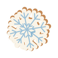 Snowflake gingerbread cookie with icing. Festive Christmas biscuit illustration perfect for holiday cards, stickers, packaging, bakery design and winter decorations.