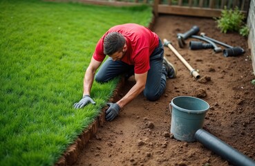Man installs new green grass turf in garden. Lays sod rolls for fresh lawn on brown soil. Gardener works on backyard landscaping project, creating beautiful landscape for property. Worker adds green