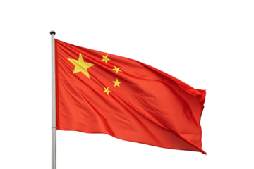 China national flag flying with red field and five golden yellow stars arrangement, isolated on a transparent background