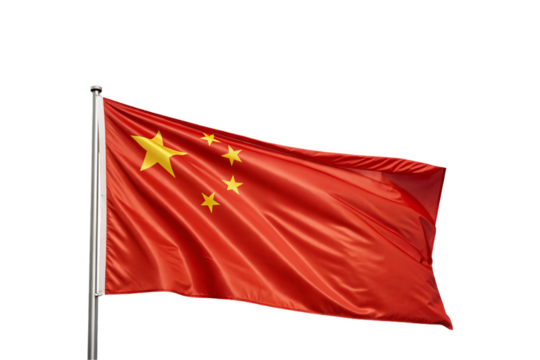 Chinese flag waving showing red background with one large star and four small stars, isolated on a transparent background