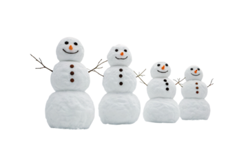 Four cheerful snowmen of varying sizes with stick arms and button details standing together, isolated on a transparent background