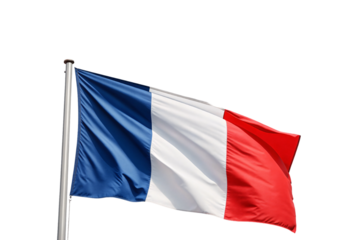 French flag waving on silver pole against clear sky showing blue white red stripes, isolated on a transparent background