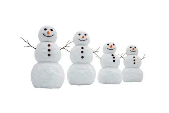 Four cheerful snowmen of varying sizes with stick arms and button details standing together, isolated on a transparent background