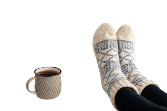 Person's feet in cream knit socks with blue geometric pattern beside textured coffee mug, isolated on a transparent background - Powered by Adobe