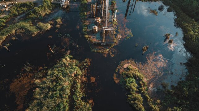 Industrial complex submerged in a swampy wetland, with surrounding greenery