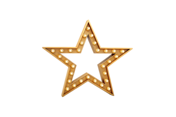 Golden star marquee light fixture with illuminated bulbs, vintage style decorative lighting, isolated on a transparent background