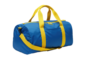 Isolated blue duffel bag with yellow straps, modern gym equipment for travel or storage
