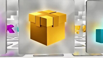 Seamless loop animation of the camera moving through a digital grid of e-commerce icons like shopping carts, graphs, and likes. Concept for online shopping, digital marketing, and data analytics - Powered by Adobe