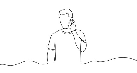 Man talking on a mobile phone in one line art style. Drawing of a faceless person with editable black stroke on a white background. Vector illustration.