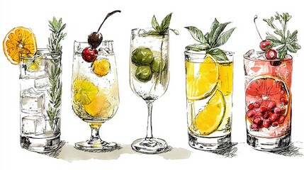 Elegant cocktail sketch featuring a variety of colorful garnishes and refreshing ingredients. A stylish representation of diverse drink options.