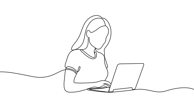 Woman working on a laptop in one line art style. Drawing of a faceless person using a computer with editable black stroke on a white background. Vector illustration.