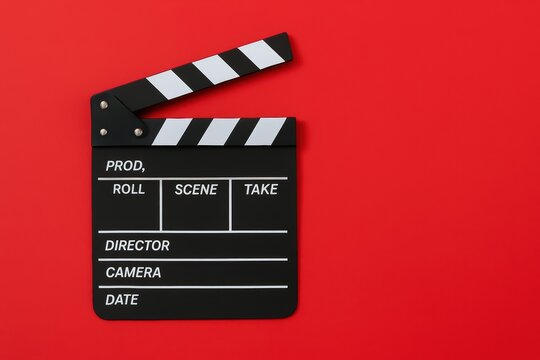 Film production clapperboard studio photography red background close-up view cinematic concept
