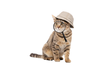 Tabby cat wearing beige detective hat, holding magnifying glass, striped fur pattern, sitting upright pose, isolated on a transparent background