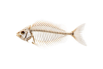 Fish skeleton specimen showing complete bone structure, skull and spine visible, educational anatomy display, isolated on a transparent background