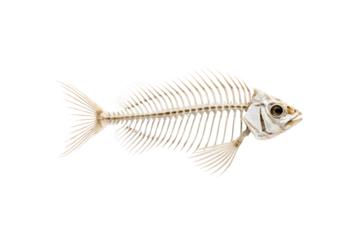Fish skeleton specimen facing right direction, detailed bone structure, complete skeletal system visible clearly, isolated on a transparent background