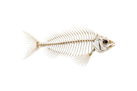 Fish skeleton specimen facing right direction, detailed bone structure, complete skeletal system visible clearly, isolated on a transparent background