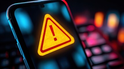 Mobile Phone Alert Warning Notification System Cyber Security Threat Digital Danger Red Exclamation Mark in Yellow Triangle Indicating Risk Hacking and Information Breach Prevention Solution