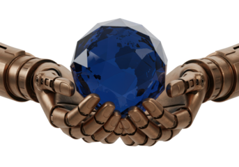 Isolated robotic hands holding blue crystal globe representing future technology innovation