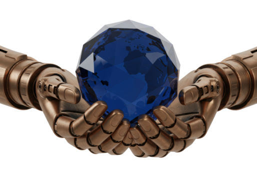 Isolated robotic hands holding blue crystal globe representing future technology innovation