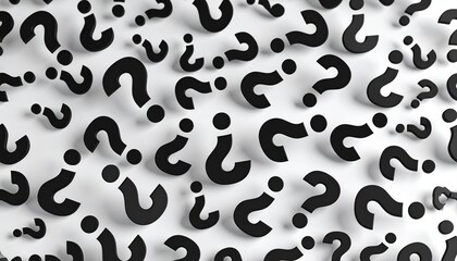 Scattered black question marks on white background in dynamic pattern.