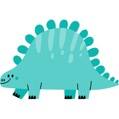 Cute cartoon stegosaurus dinosaur with teal blue body and rounded plates on back and tail isolated on white background with simple linework