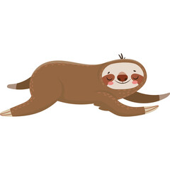 Cute cartoon sloth with sleepy eyes and a contented smile running across a white background in a brown fuzzy suit