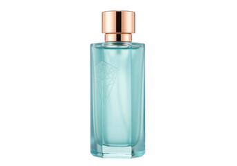 Isolated light blue glass perfume bottle with copper-colored atomizer, aromatherapy aroma essence