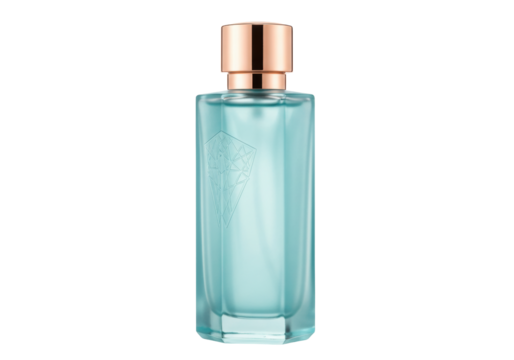 Isolated light blue glass perfume bottle with copper-colored atomizer, aromatherapy aroma essence