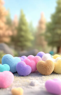 Pastel fuzzy hearts in forest meadow &ndash; soft dreamy texture and gentle light on blurred background. Romantic spring concept for design use