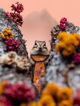 Chipmunk in autumn rocks with blurred pink haze montane background. Peek-a-boo portrait with leaf tie (playful editorial wildlife series I)