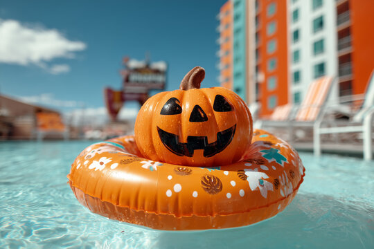 Inflatable smiling pumpkin float in pool with bright hotel backdrop and dynamic blue water. Quirky Halloween editorial for warm getaway ads.