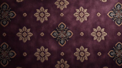 Textured fabric displays intricate floral patterns in gold and black.