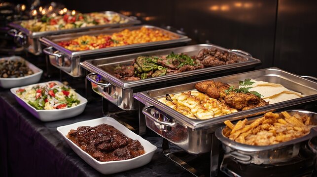 Buffet spread with diverse dishes, from salads to meats, arranged in stainless steel trays on a draped table for an event or banquet. Yummy food variety!