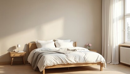 Cozy bedroom interior in neutral colors with wooden bed white bedding. Bedside tables with lamp vase with flowers. Room illuminated by natural light from window.