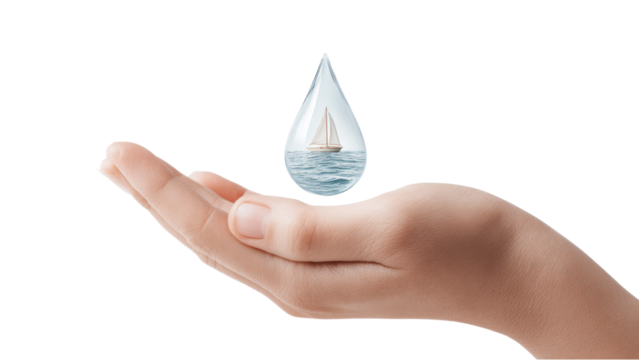 Water Drop with Sailboat: Conceptual Image of Water Conservation