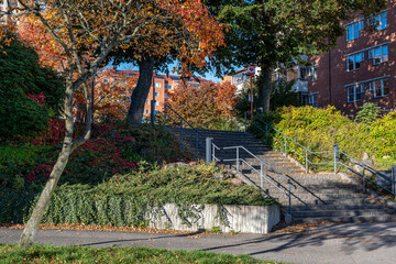 Staircase to park Tuppenparken during autumn in Sweden. Norrköping is a historic industrial town in Sweden.