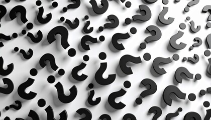 Scattered black question marks on white background in dynamic pattern.