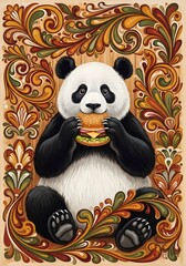 Giant Panda Enjoying A Juicy Burger With Decorative