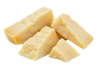 Isolated chunks of delicious Parmigiano Reggiano cheese on a plain surface, ready for grating.