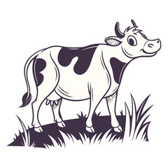 black and white, cow, standing in grass, whimsical, cartoon-style, line art, simple, stylized, minimalist, flat design
