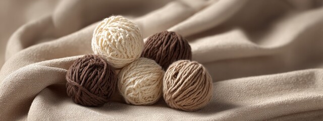 Cream and brown balls of yarn arranged on a beige linen fabric background
