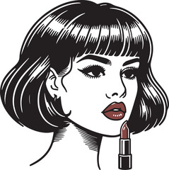 Retro 90s female face, bob haircut with bangs, lipstick detail, minimalist vector outline