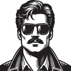 90s man face with mustache and sunglasses, confident attitude, clean black vector style