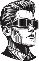 Futuristic 2025 man face, sleek hairstyle, AR glasses, minimalist black vector outline