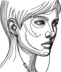 2025 minimalist portrait face with short hair and earphones, neutral emotion, sleek vector line style