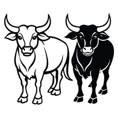 a black and white illustration of two bulls, one in a white silhouette and one in a black silhouette, both facing forward with large horns and alert expressions
