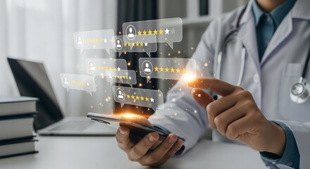 Doctor Managing Patient Feedback Analyzing Healthcare Reviews on a Mobile Device