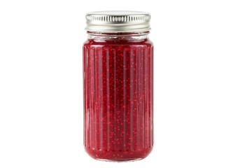 Isolated jar of homemade raspberry jam, preserved in a glass container with metal lid