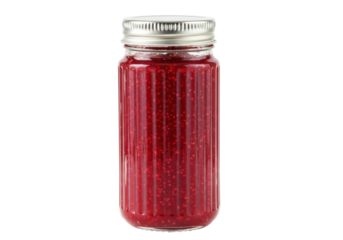 Isolated jar of homemade raspberry jam, preserved in a glass container with metal lid