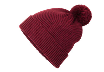 Isolated burgundy knitted winter beanie hat with a pompom on a solid surface ready to wear